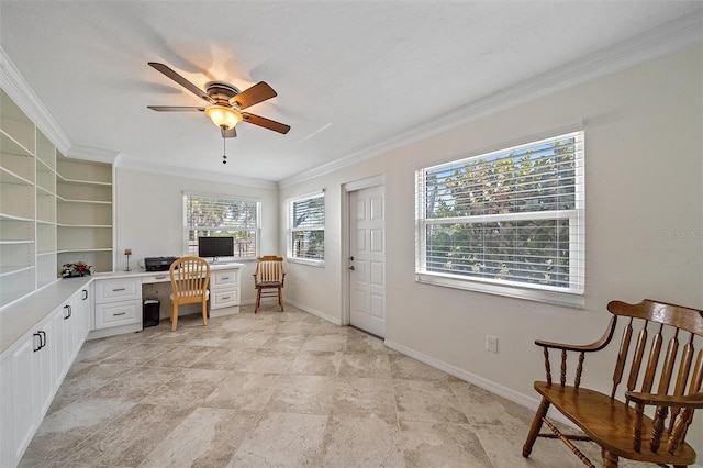 home office with ceiling fan, a healthy amount of sunlight, and crown molding