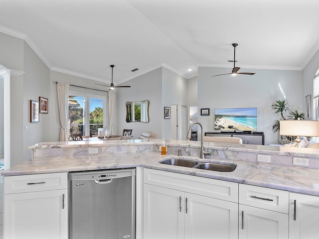 kitchen featuring white cabinetry, dishwasher, crown molding, and sink