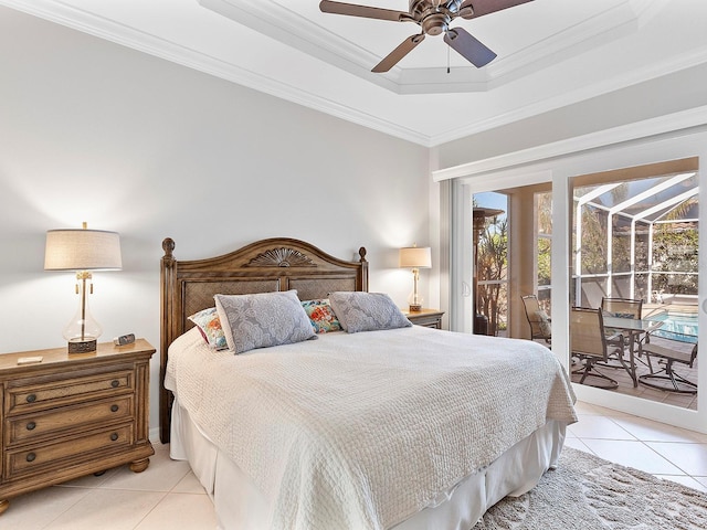 bedroom featuring access to outside, a raised ceiling, crown molding, ceiling fan, and light tile patterned flooring