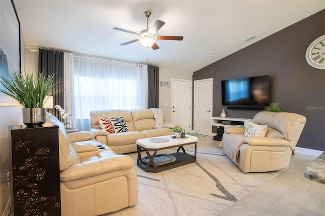 tiled living room with vaulted ceiling and ceiling fan