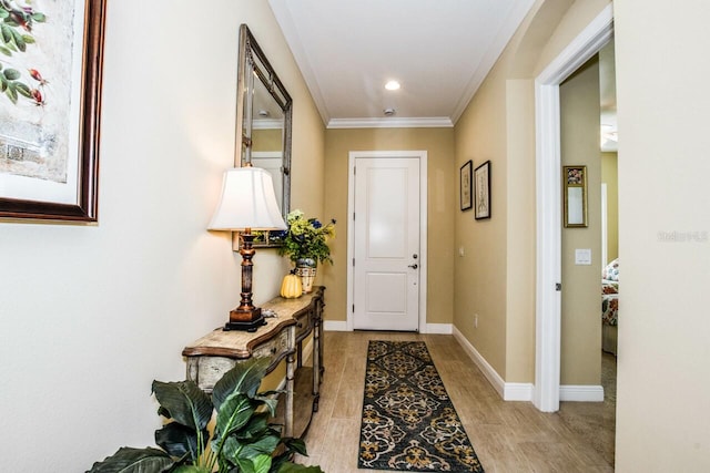 doorway with light hardwood / wood-style floors and ornamental molding