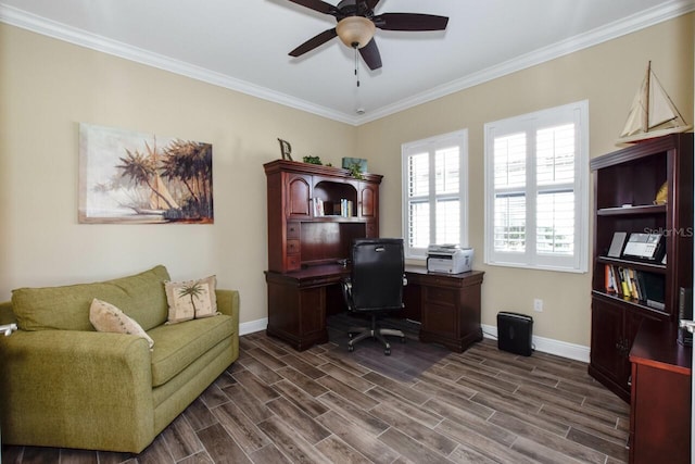 office space featuring dark hardwood / wood-style floors, ceiling fan, and ornamental molding