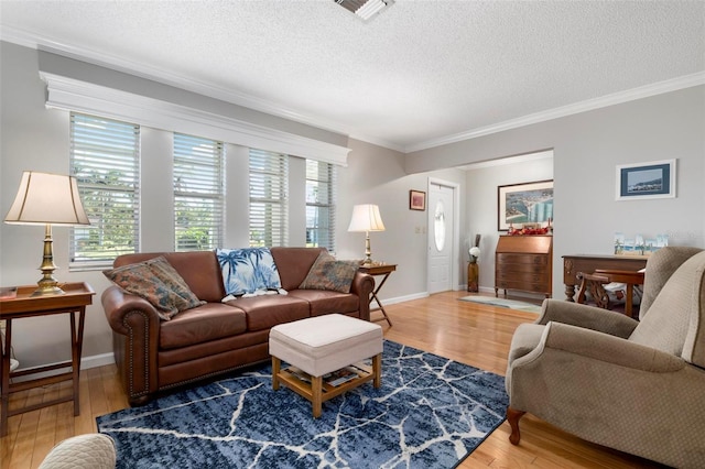 living room featuring hardwood / wood-style floors, ornamental molding, and a textured ceiling