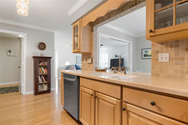 kitchen featuring dishwasher, tasteful backsplash, ornamental molding, and light hardwood / wood-style flooring