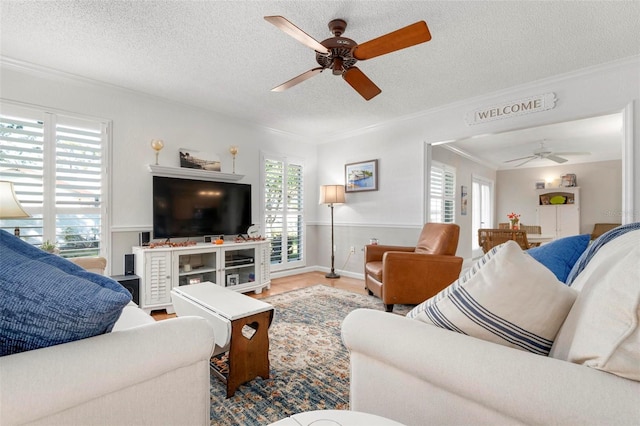 living room with a textured ceiling, light hardwood / wood-style floors, and a wealth of natural light