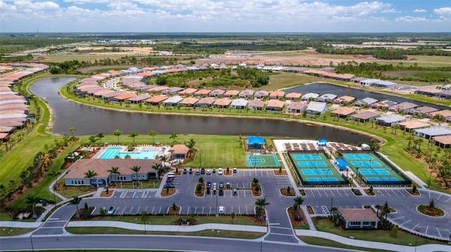 drone / aerial view featuring a water view