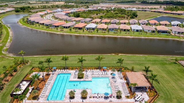 aerial view featuring a water view