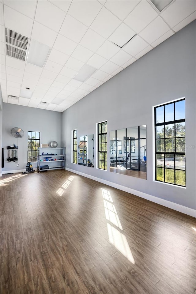 workout area with a high ceiling, hardwood / wood-style flooring, and plenty of natural light