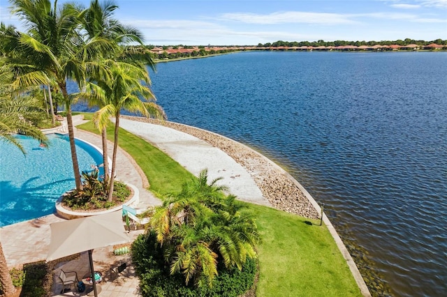 aerial view featuring a water view