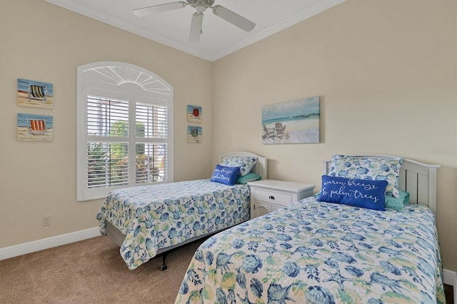 bedroom with ceiling fan, light colored carpet, and ornamental molding