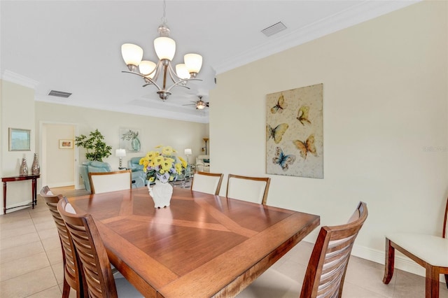 dining area with crown molding, light tile patterned floors, and ceiling fan with notable chandelier