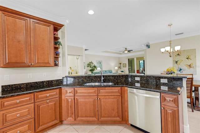 kitchen featuring kitchen peninsula, ceiling fan with notable chandelier, crown molding, dark stone countertops, and dishwasher