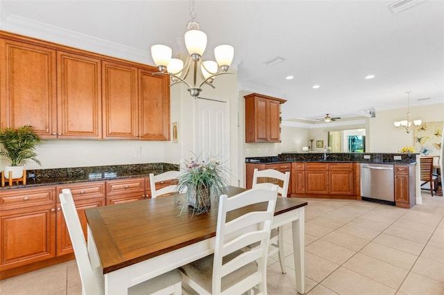 dining room with light tile patterned floors, ceiling fan with notable chandelier, and ornamental molding