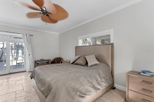 bedroom with access to exterior, ceiling fan, crown molding, and a textured ceiling