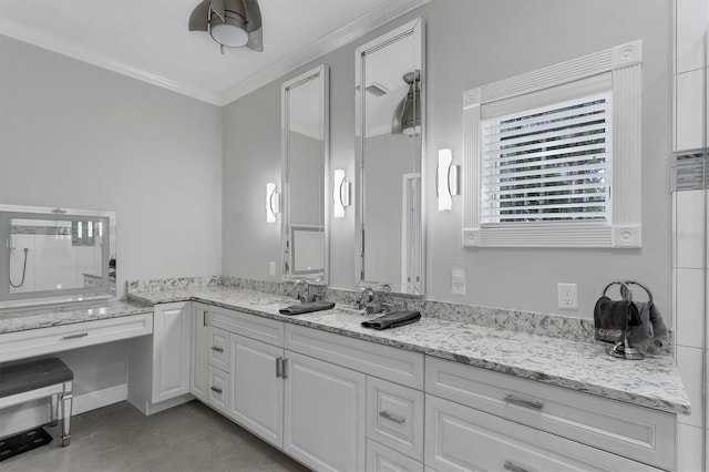 bathroom featuring vanity, crown molding, tile patterned flooring, ceiling fan, and walk in shower