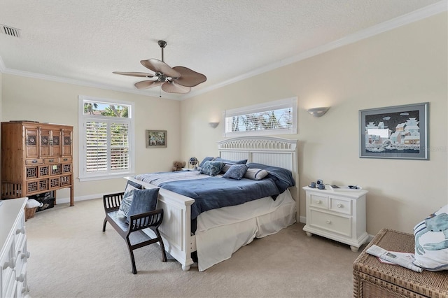 bedroom featuring light colored carpet, multiple windows, ornamental molding, and ceiling fan