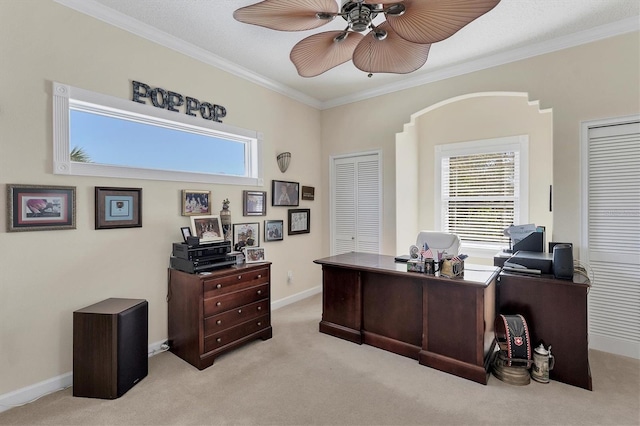 office featuring ceiling fan, light colored carpet, and crown molding