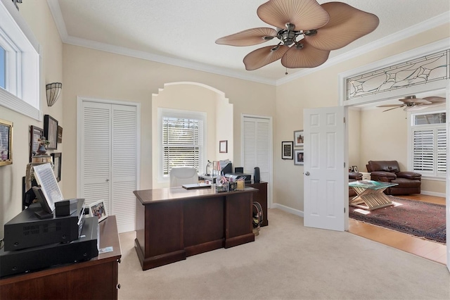 home office with crown molding and light carpet