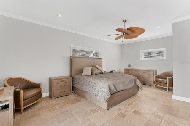 bedroom featuring ceiling fan and crown molding