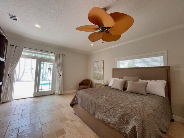 6405 Gulf Dr, Holmes Beach, FL 34217 - bedroom with crown molding, visible vents, access to exterior, and baseboards
