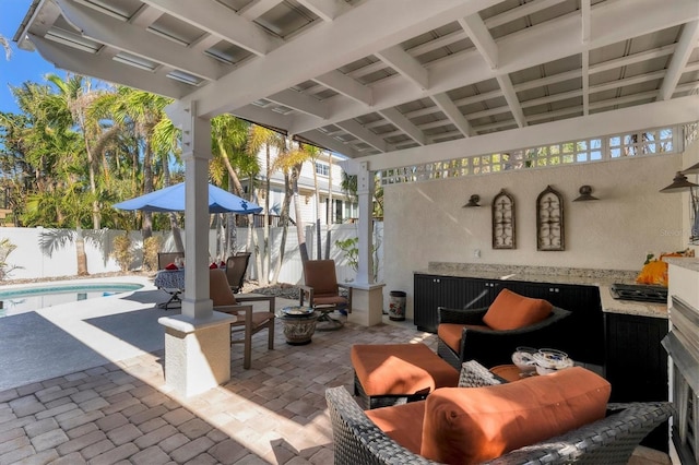 6405 Gulf Dr, Holmes Beach, FL 34217 - view of patio featuring an outdoor living space with a fire pit, a fenced backyard, and a fenced in pool