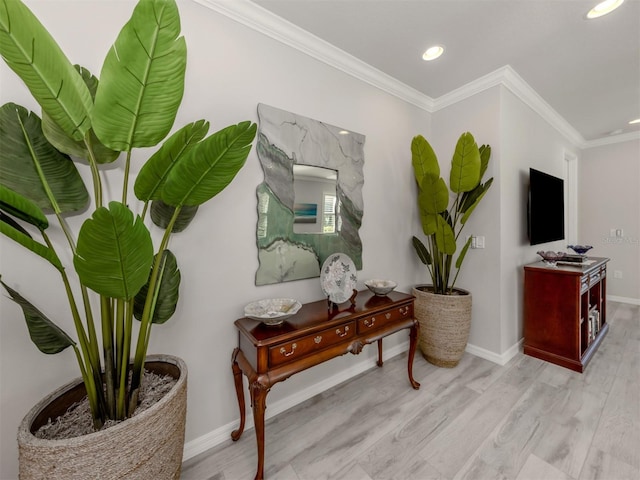 interior space featuring light hardwood / wood-style floors and ornamental molding