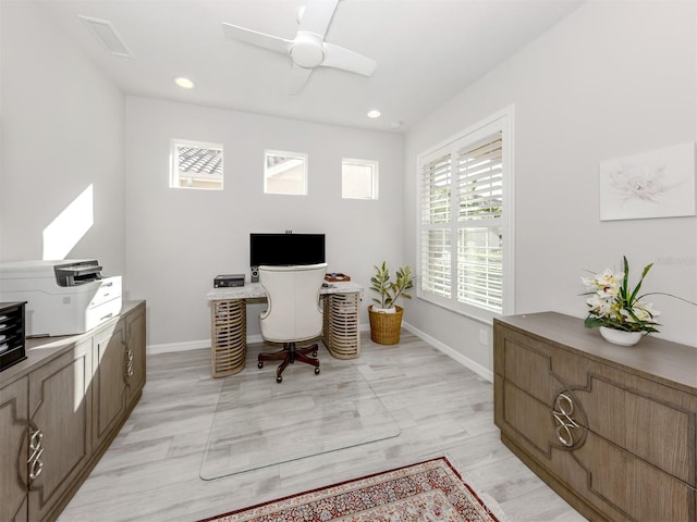 office area with ceiling fan