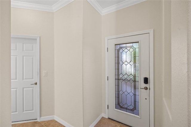 tiled foyer featuring ornamental molding