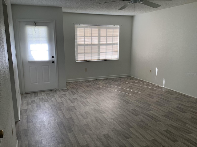 foyer featuring ceiling fan, wood-type flooring, and a textured ceiling