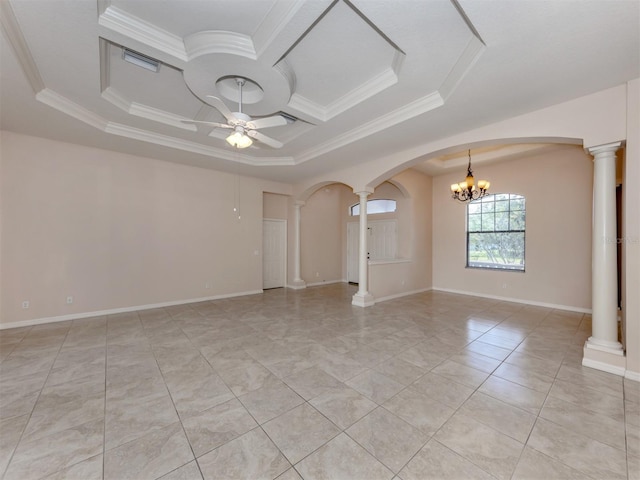 tiled empty room featuring a tray ceiling, crown molding, decorative columns, and ceiling fan with notable chandelier