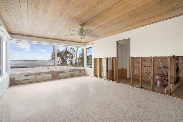 interior space with ceiling fan, a water view, and wooden ceiling