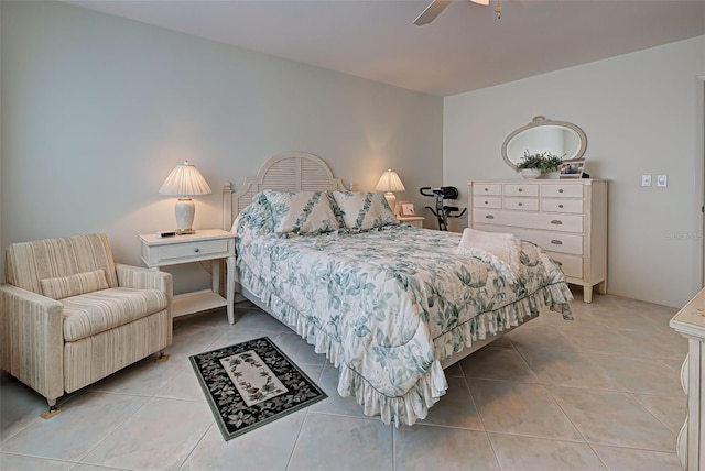 bedroom with light tile patterned floors and ceiling fan