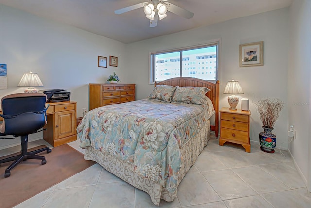 bedroom featuring light tile patterned floors and ceiling fan