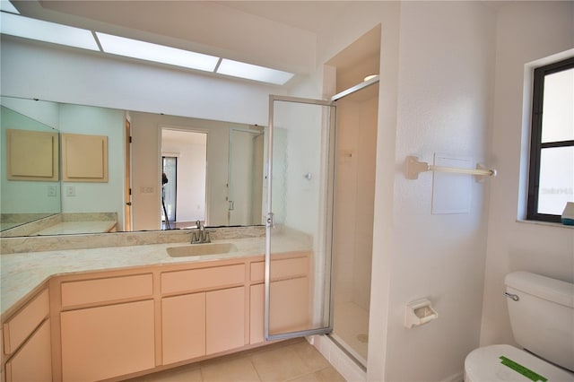 bathroom with tile patterned floors, vanity, an enclosed shower, and toilet