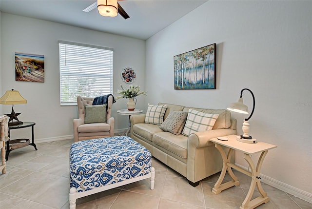 tiled living room featuring ceiling fan