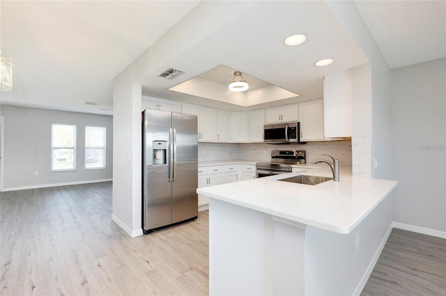 kitchen featuring white cabinets, sink, light wood-type flooring, tasteful backsplash, and stainless steel appliances