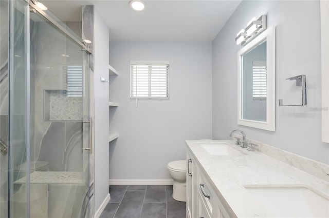 bathroom with tile patterned floors, vanity, walk in shower, and toilet