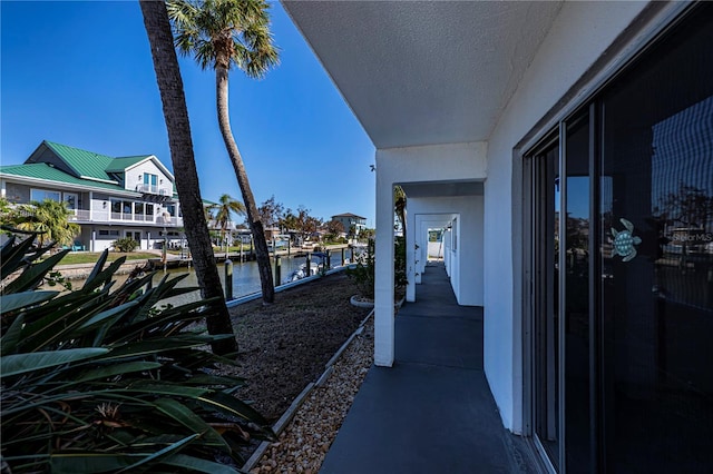 hall featuring a water view