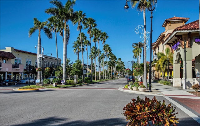 view of street with sidewalks, curbs, and street lights