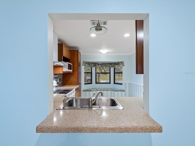 kitchen featuring electric range, light stone counters, kitchen peninsula, and sink