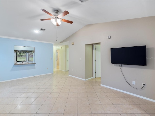 unfurnished living room with ceiling fan, lofted ceiling, and light tile patterned floors