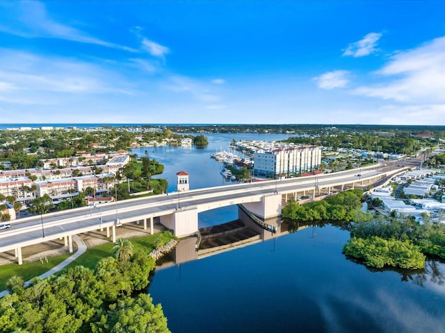 bird's eye view with a water view