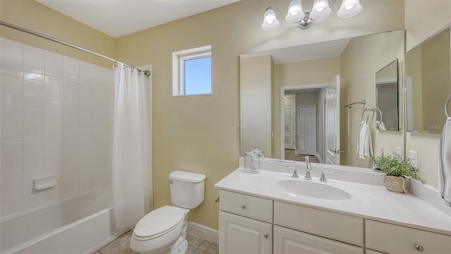 full bathroom featuring shower / bath combo, vanity, toilet, and tile patterned floors