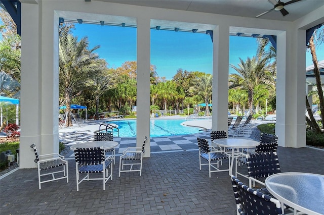 view of swimming pool featuring a patio area and ceiling fan