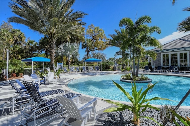 view of swimming pool featuring a patio