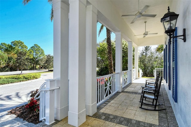 view of patio / terrace featuring ceiling fan and a porch