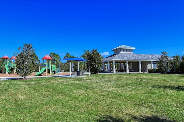 view of jungle gym featuring a gazebo and a yard