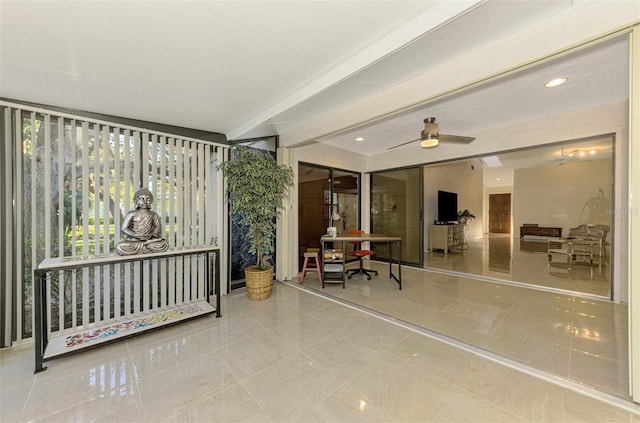 tiled bedroom with beamed ceiling