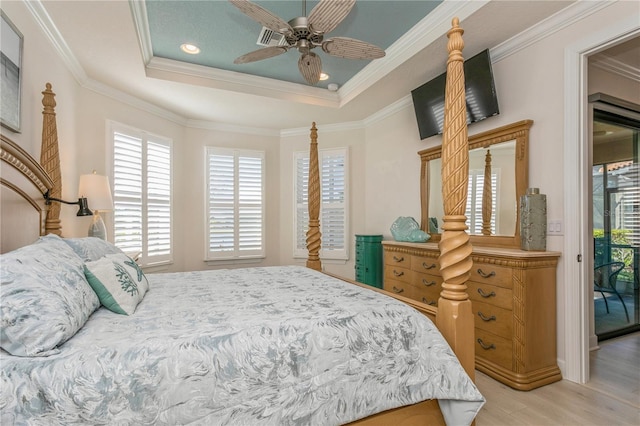 bedroom with access to exterior, ceiling fan, light wood-type flooring, and ornamental molding