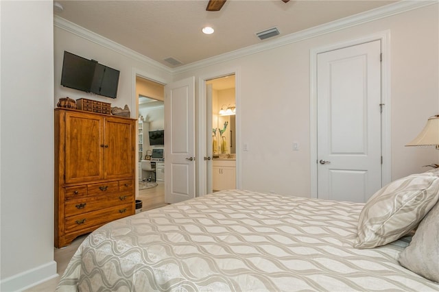 bedroom with ensuite bath, ceiling fan, a closet, and ornamental molding